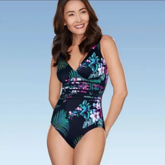 Waist Detail Over the Shoulder One Piece Swimsuit - Aqua Green® Black Floral M - Picture 5 of 8